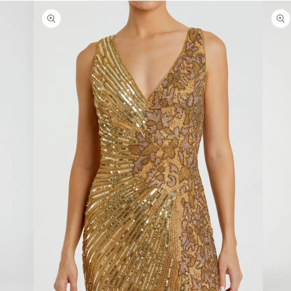 Mac Duggal Gold Beaded Floral Sleeveless Gown Color: Gold Size 6 New With Tags - Picture 2 of 3